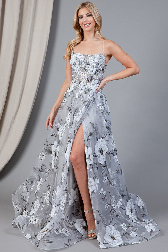 Embroidered Flowers Straight Across Side Slit Long Prom Dress AC2105 Sale