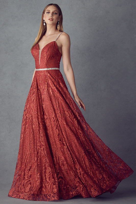 Deep V-Neck Glitter Embroidered Lace Spaghetti Straps Long Prom Dress JT227