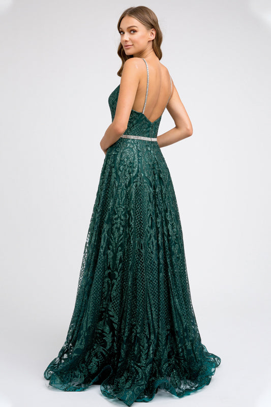 Deep V-Neck Glitter Embroidered Lace Spaghetti Straps Long Prom Dress JT227