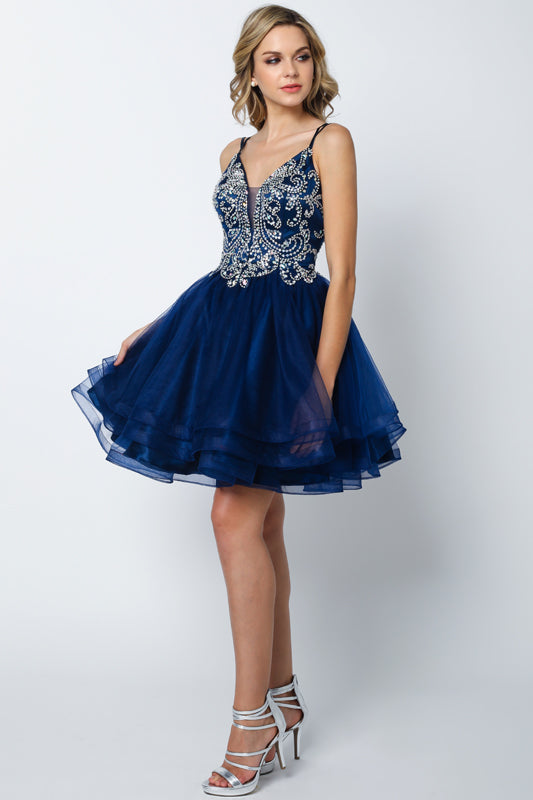 Beaded Bodice Tiered Short Cocktail & Homecoming Dress JT831