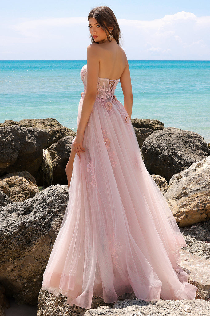 Strapless Sheer Bustier Inspired Bodice Elegant Overskirt Long Prom Dress ACTM1002