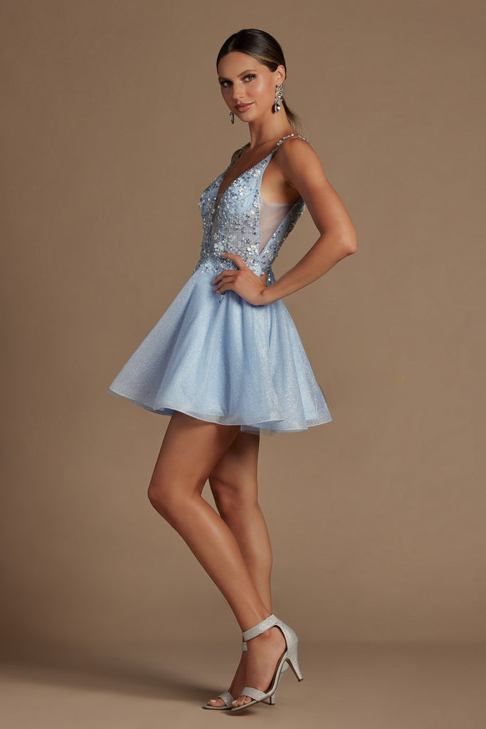 Glittery Flower Embroidered Bodice Short Homecoming & Cocktail Dress NXE711