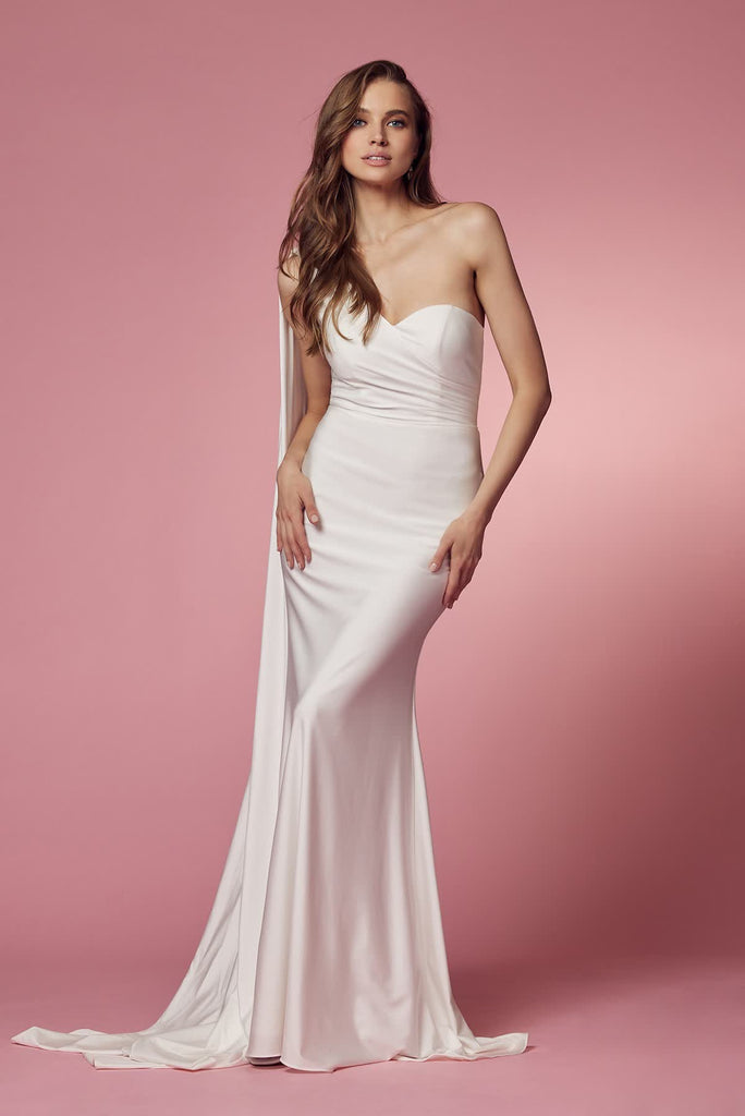 One Shoulder Drape Sleeve Mermaid Long Wedding Dress NXE475W
