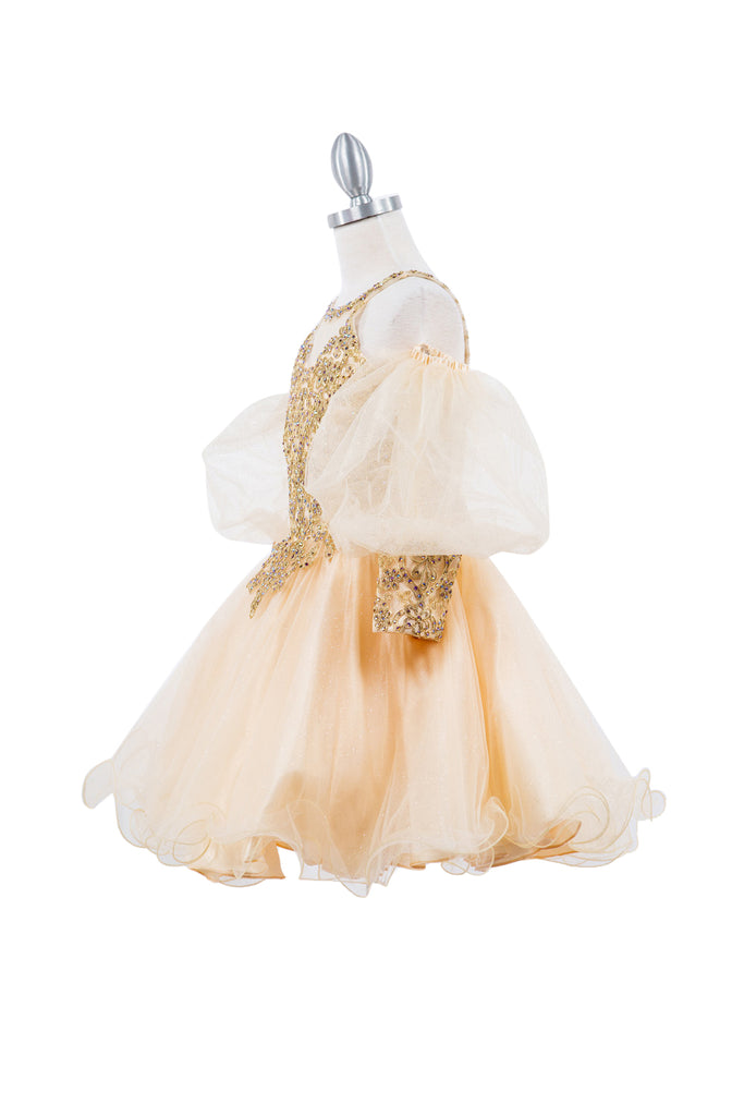 Gold Lace Glitter Tulle Off Shoulder Long Sleeves Kids Dress CU5113X