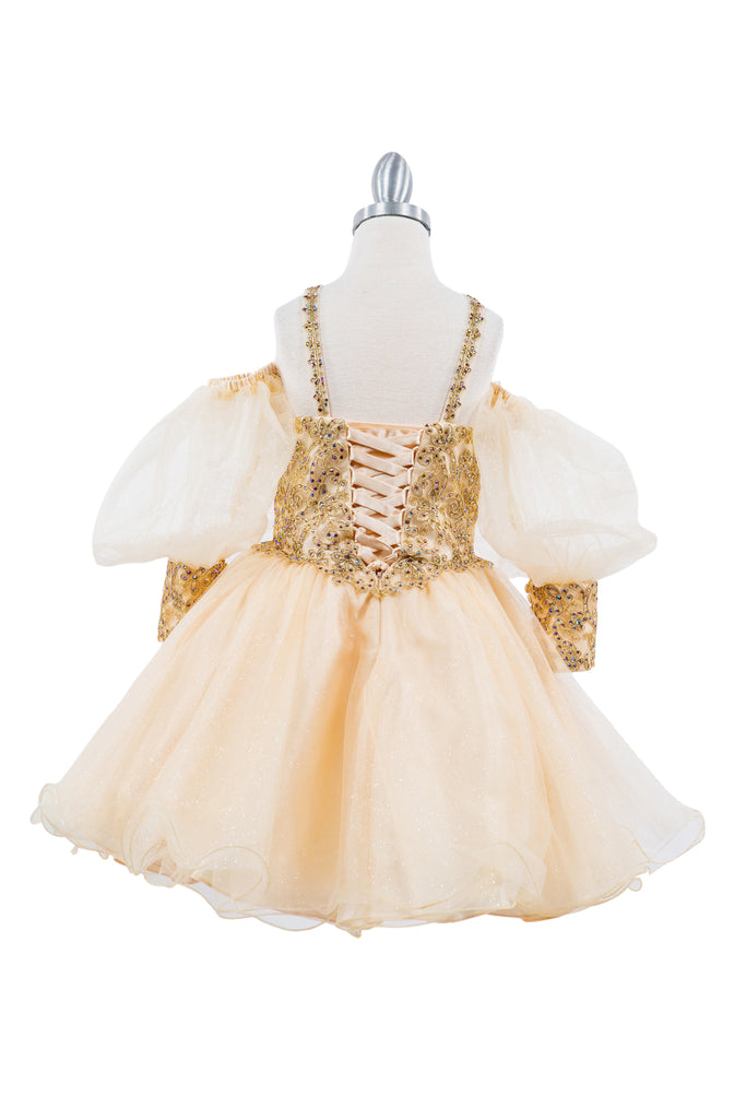 Gold Lace Glitter Tulle Off Shoulder Long Sleeves Kids Dress CU5113X