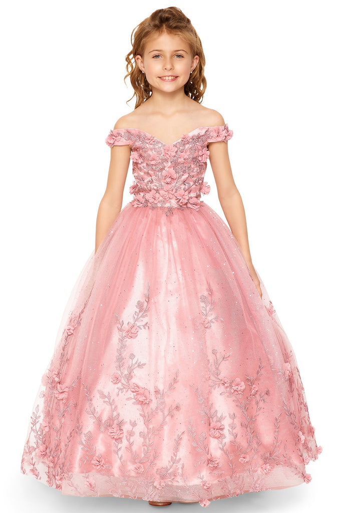 Elegant Sweetheart Off Shoulder 3D Floral Applique Long Kids Dress CU8026