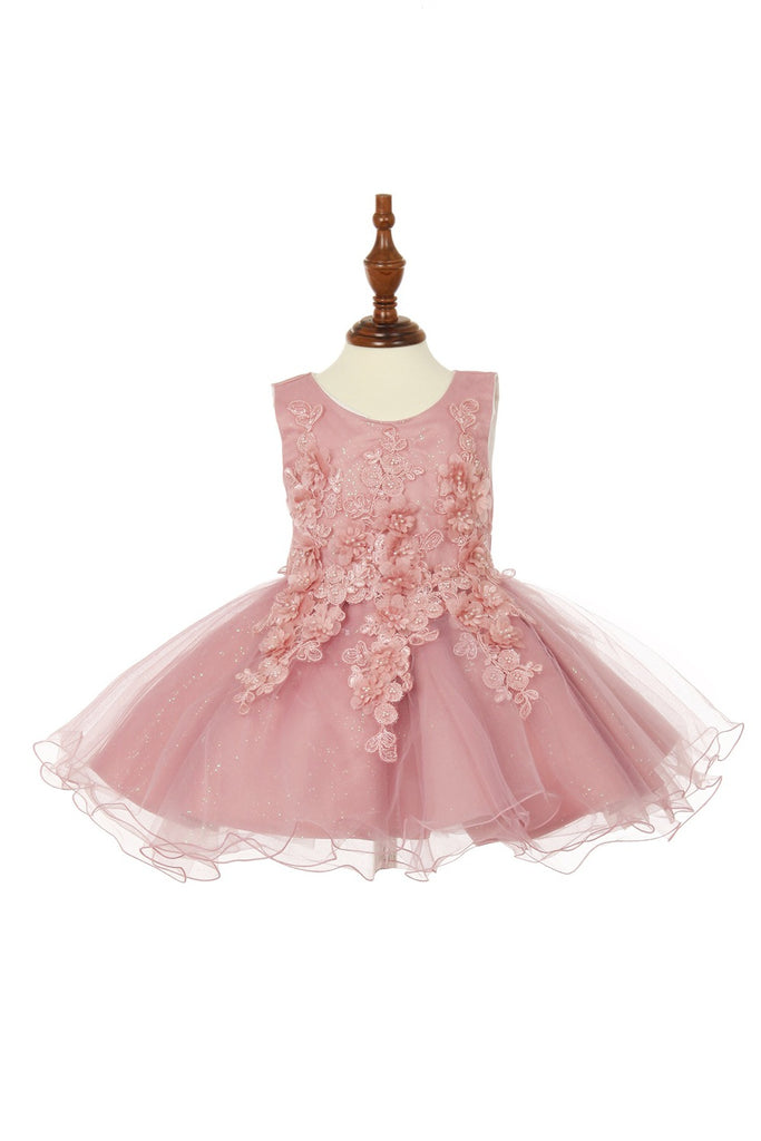Elegant Lace Pearls Beaded 3D Flowers Back Satin Sash Short Kids Dress CU9109