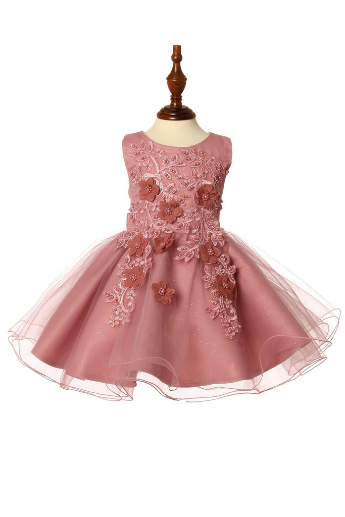 Elegant Pearls Beaded 3D Flowers glitterred Tulles Layered Skirt Short Kids Dress CU9111B