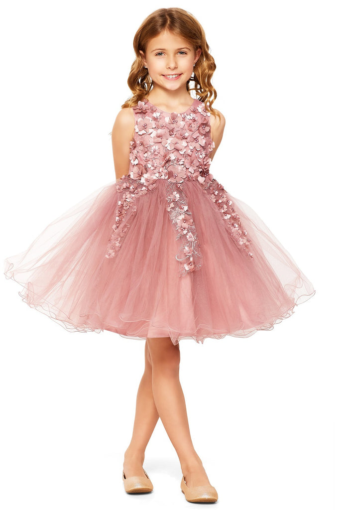 Elegant Flower Multi Layered Tulle Har Crafted Two Tone Short Kids Dress CU9122