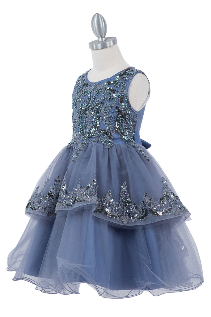 Decorated With Sequin Flowers Elegant Sleeveless Lace Kids Dress CU9132