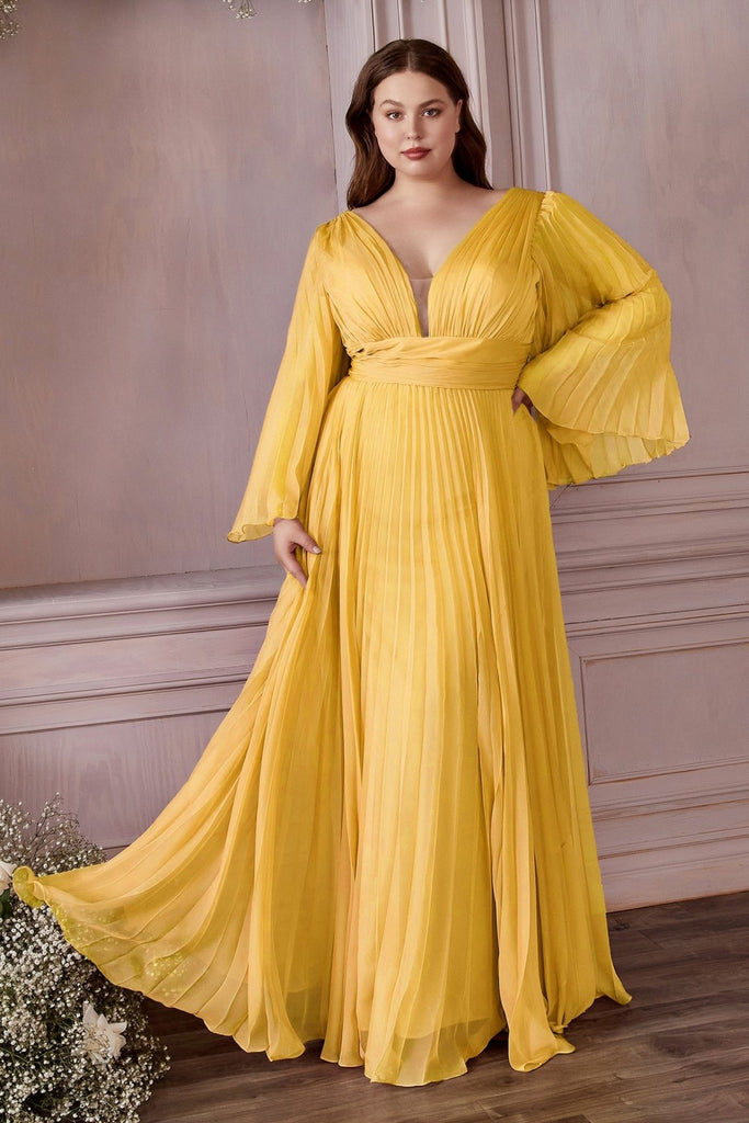 Long Sleeve Illusion V-neck Bodice Plus Size Chiffon Pleated Prom Gown Curvy Solid Bridesmaid Dress A-line Silhouette Skirt CDCD242C