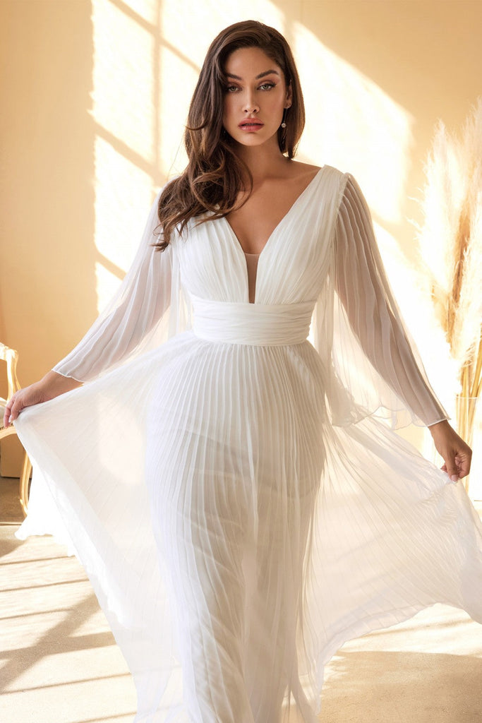 Pleated Chiffon Bridal Gown Deep v-neckline Bodice with Open Back and Covered Shoulders Pretty Wedding Ceremony Dress CDCD242W Sale
