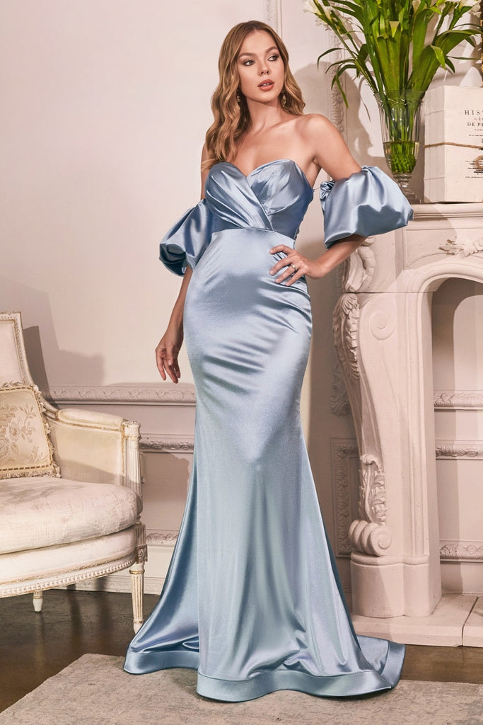 Luxury Puff Sleeves Satin Curve Gown Gathered Wrapped Sweetheart Bodice Mid Open Back Elegant Style Classic Vintage CDCD983C