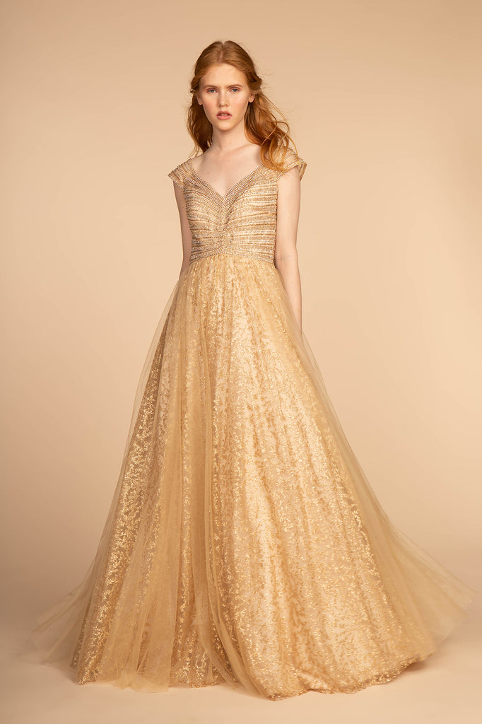 Jewel Embellished Bodice and Glitter Print Skirt Long Dress GLGL2526