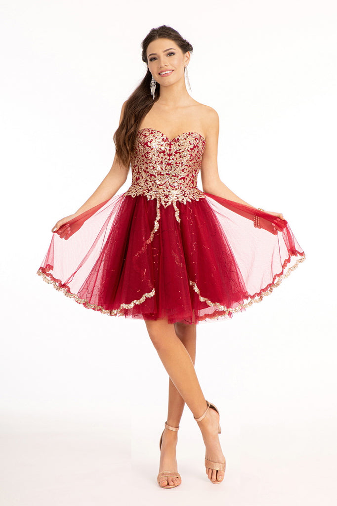 Glitter and Sequin Embellished Bodice Sweetheart Mesh Homecoming Dress GLGS1980