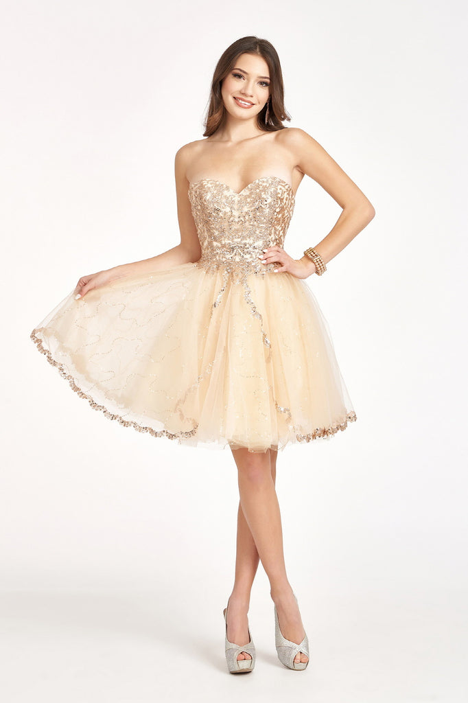 Glitter and Sequin Embellished Bodice Sweetheart Mesh Homecoming Dress GLGS1980