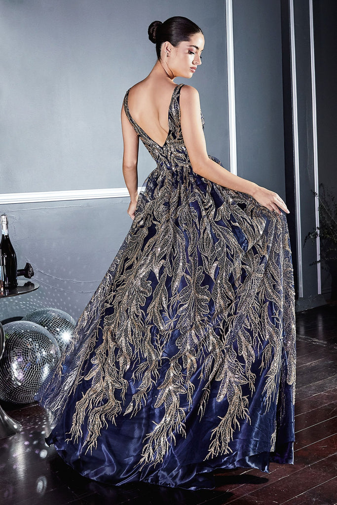 Floral glitter print prom & ball gown Luxury Elegant Evening Gala Appliqué Modern Dress V-neck Pointy Open Back Bodice CDJ812